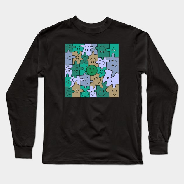 Friendly Face Puzzle Pieces - Green Long Sleeve T-Shirt by Suneldesigns
